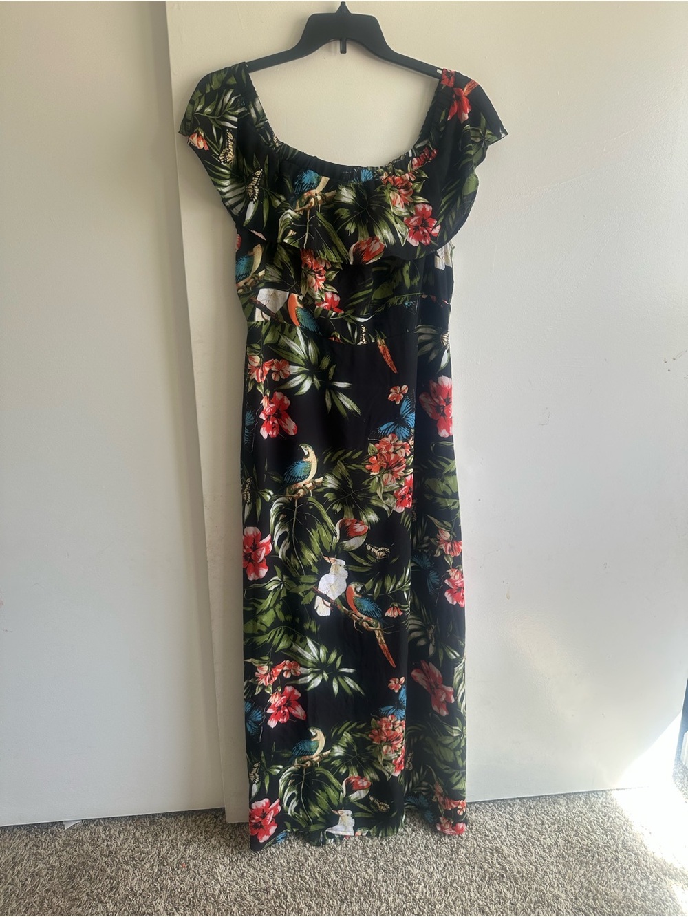 New York & Company Black Tropical Floral Maxi Dress Off Shoulder